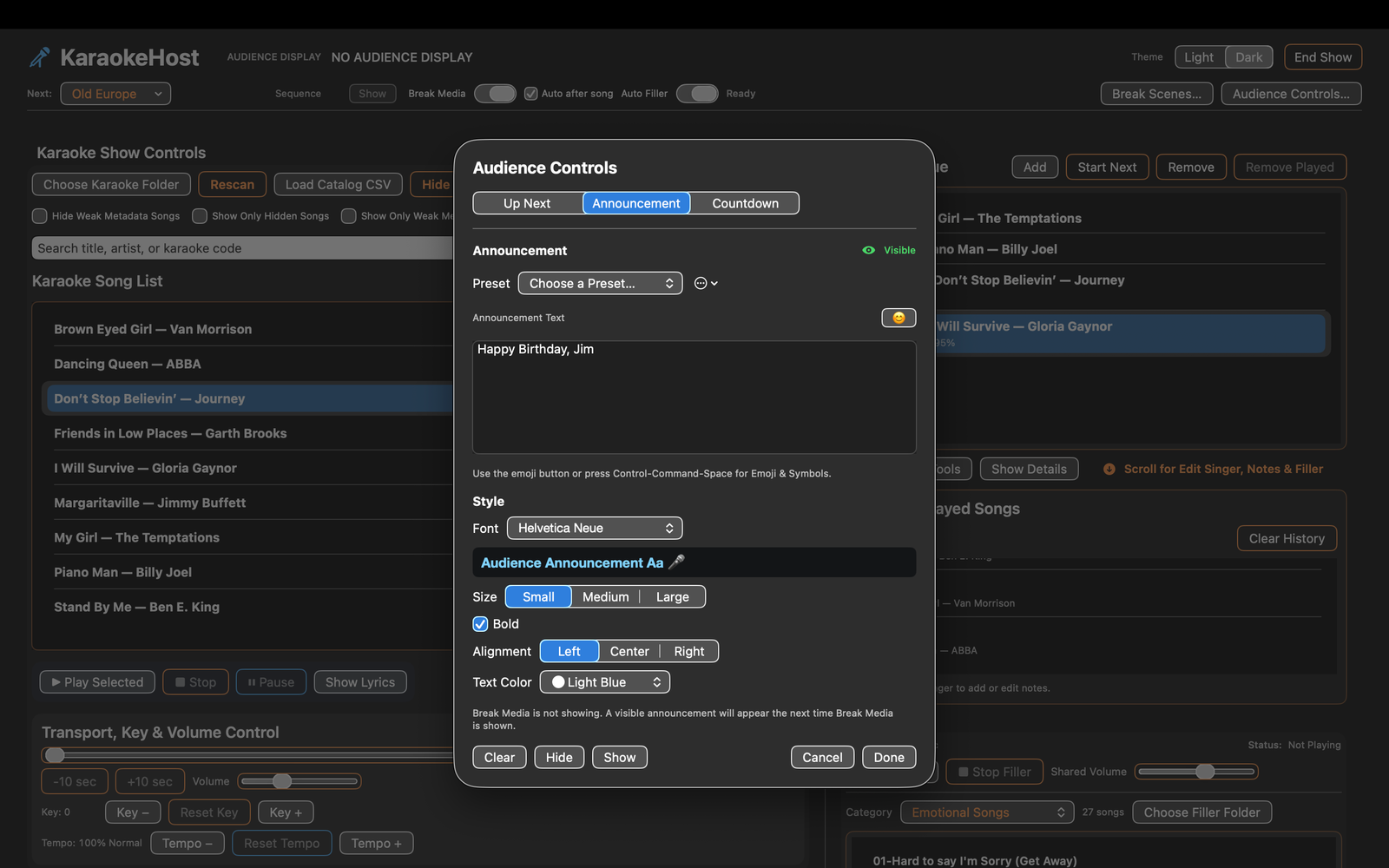 KaraokeHost Audience Controls with an announcement