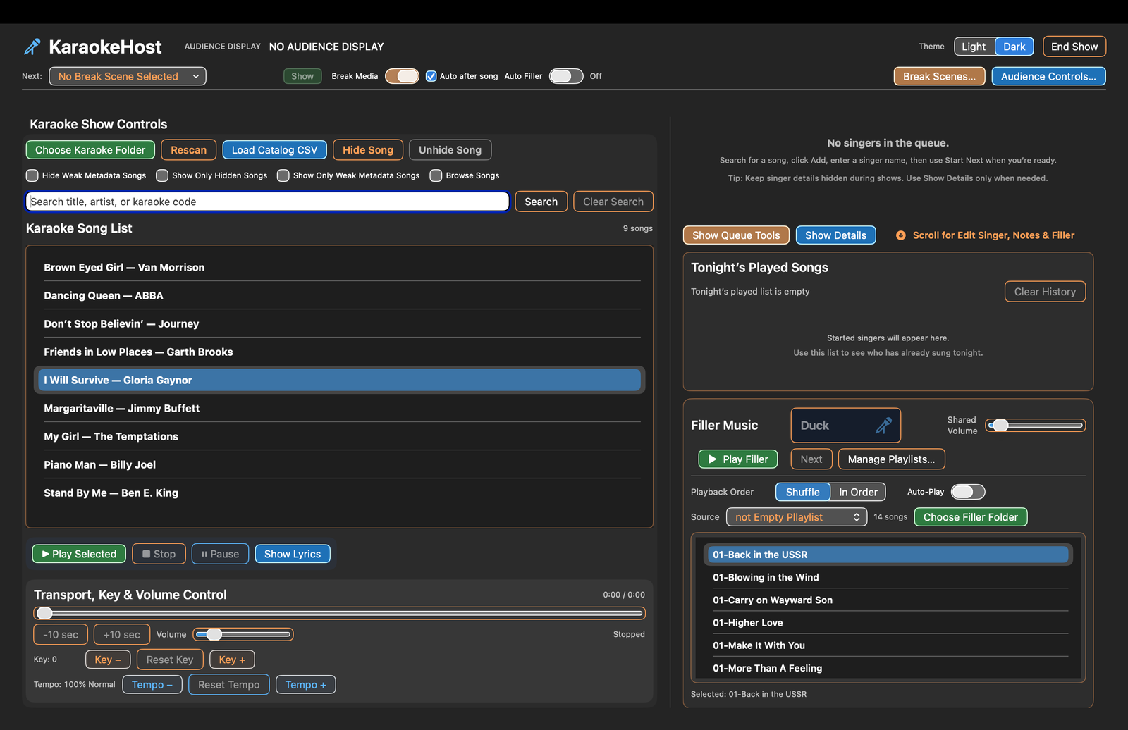 KaraokeHost main window with Filler Music playlist and live controls