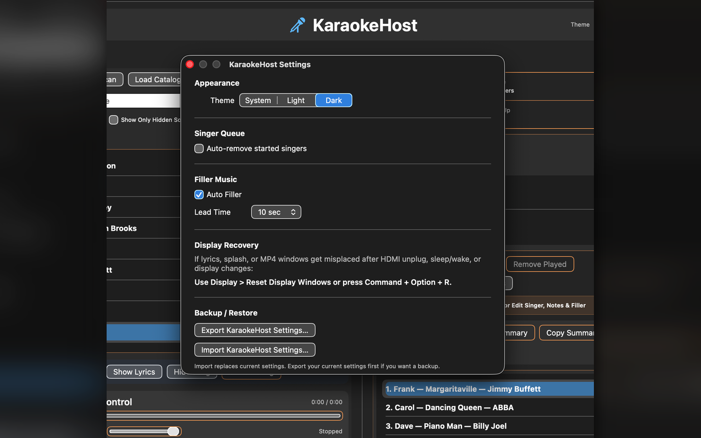 KaraokeHost settings screen
