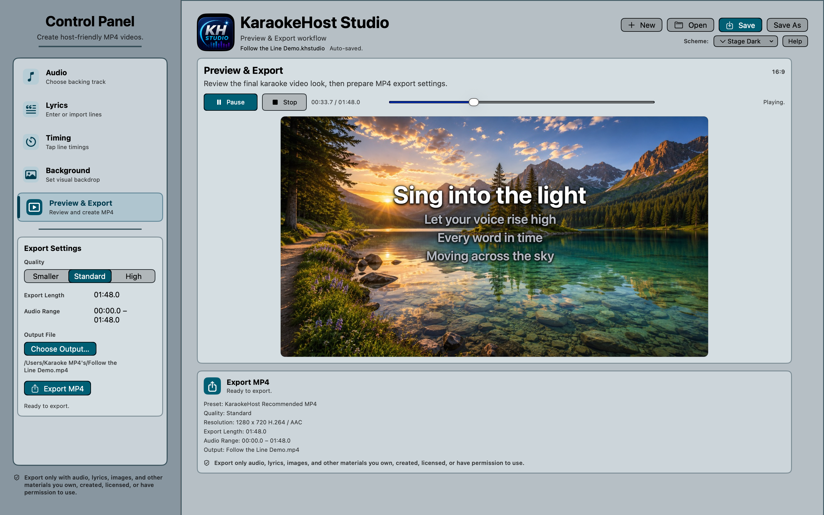KaraokeHost Studio preview and export screen