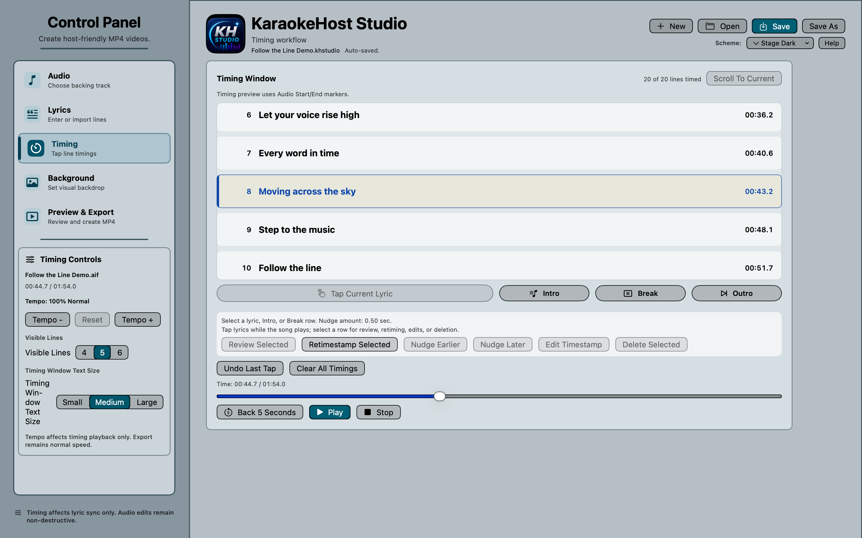 KaraokeHost Studio lyric timing workflow