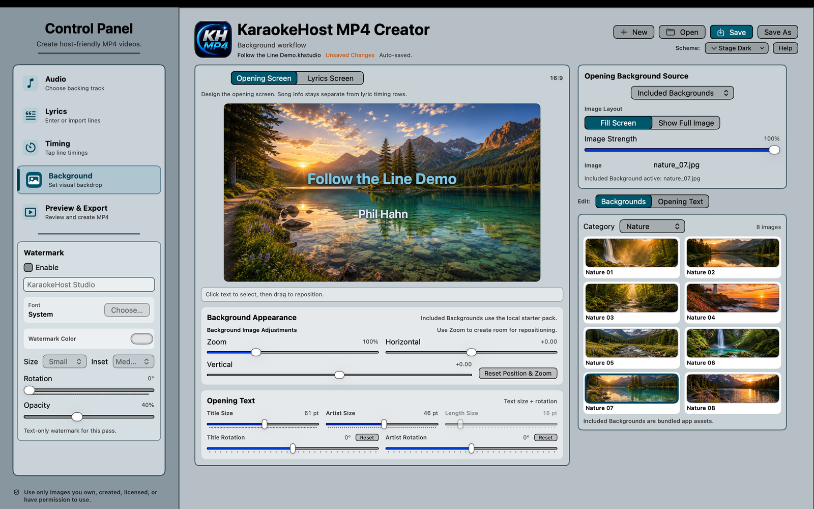 KaraokeHost MP4 Creator opening screen background editor