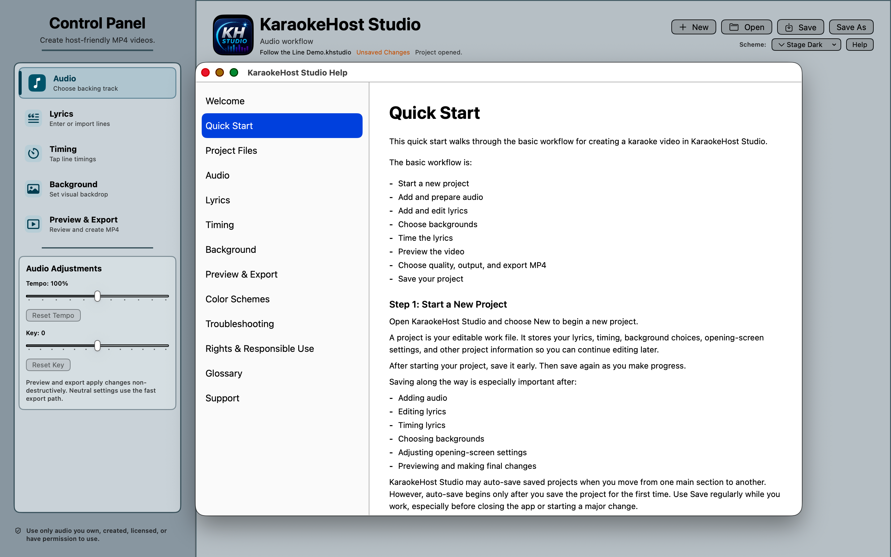 KaraokeHost Studio Help Manual quick start screen